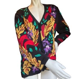 Vintage 90's Berek Fall Themed Hand Knit Leaf and Flower Themed Cardigan Medium
